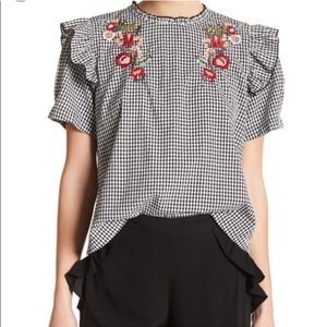 Abound Gingham Embroidered Floral Top Black and White Size Small